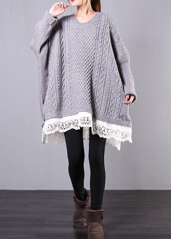 Chunky Gray Sweaters Clothing O Neck Batwing Sleeve Knit Tops