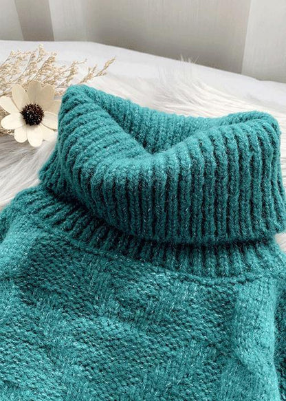 Chunky Green Knit Blouse High Neck Thick Oversize Fall Knit Sweat Tops