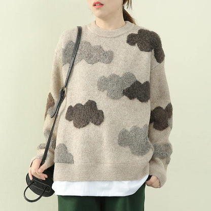 Chunky Khaki Cloud Knit Top Silhouette O Neck False Two Pieces Knit Tops