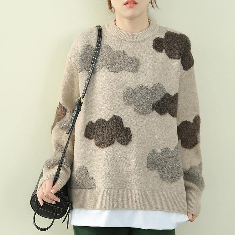 Chunky Khaki Cloud Knit Top Silhouette O Neck False Two Pieces Knit Tops