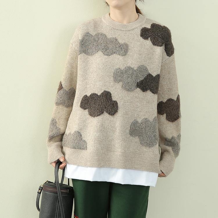 Chunky Khaki Cloud Knit Top Silhouette O Neck False Two Pieces Knit Tops