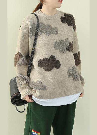 Chunky Khaki Cloud Knit Top Silhouette O Neck False Two Pieces Knit Tops