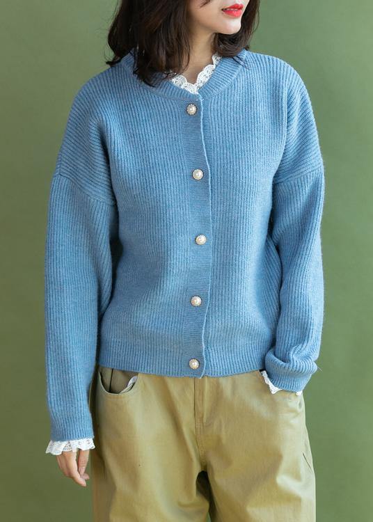 Chunky Light Blue Sweater Coat Fall Ruffles Collar Sweaters