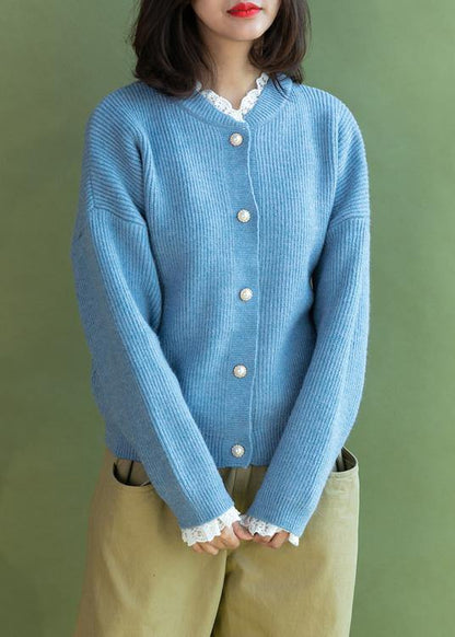 Chunky Light Blue Sweater Coat Fall Ruffles Collar Sweaters