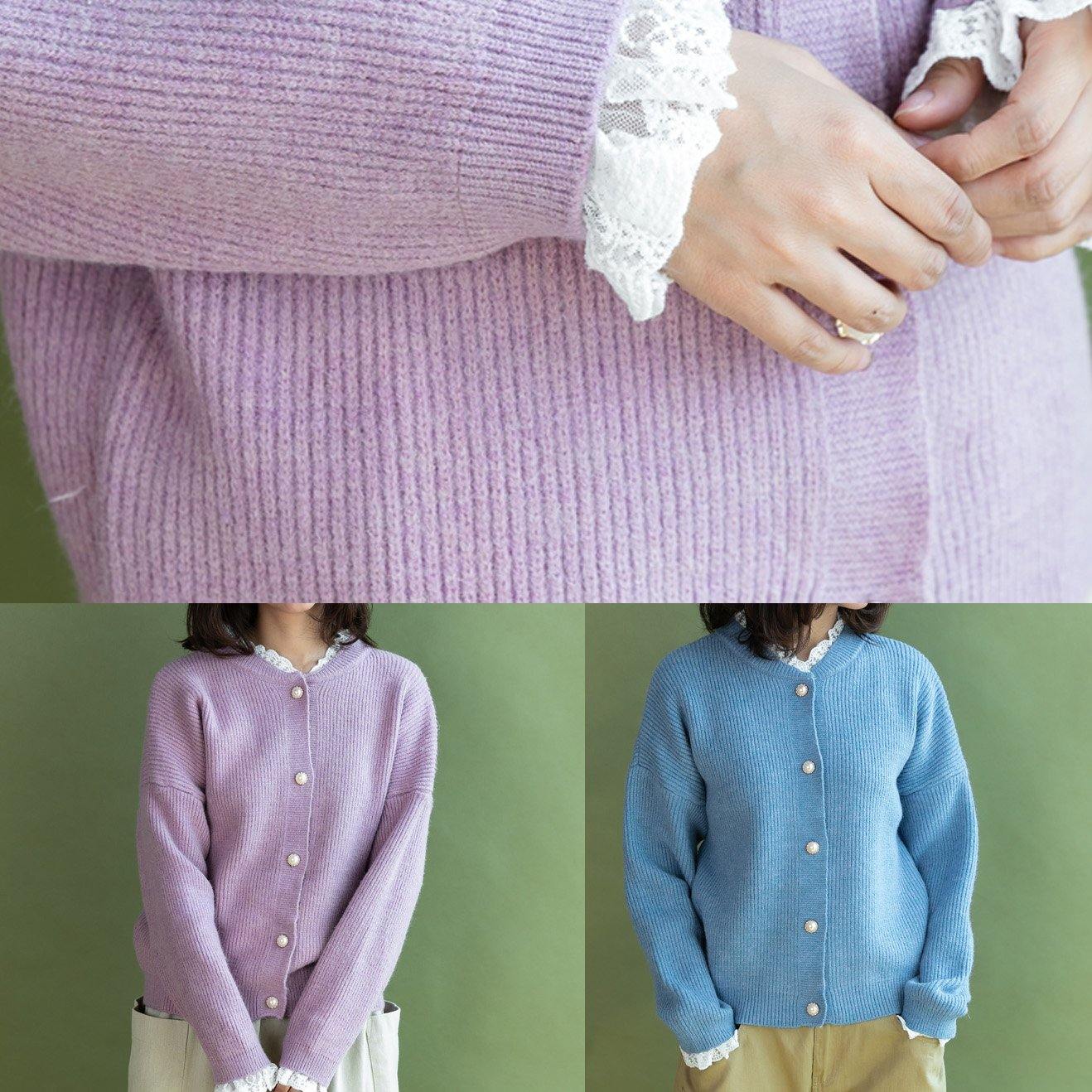 Chunky Light Blue Sweater Coat Fall Ruffles Collar Sweaters