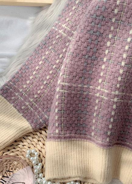 Chunky Light Purple Plaid Knitted Blouse O Neck Patchwork Top