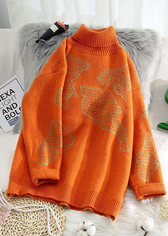 Chunky Orange Crane Tops High Neck Oversize Wild Knitwear