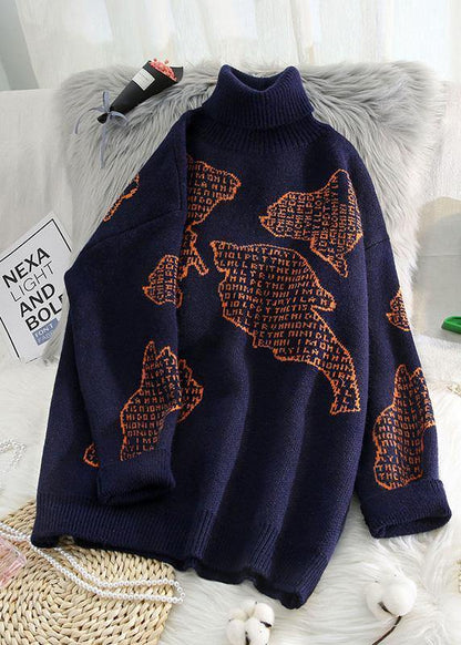 Chunky Orange Crane Tops High Neck Oversize Wild Knitwear