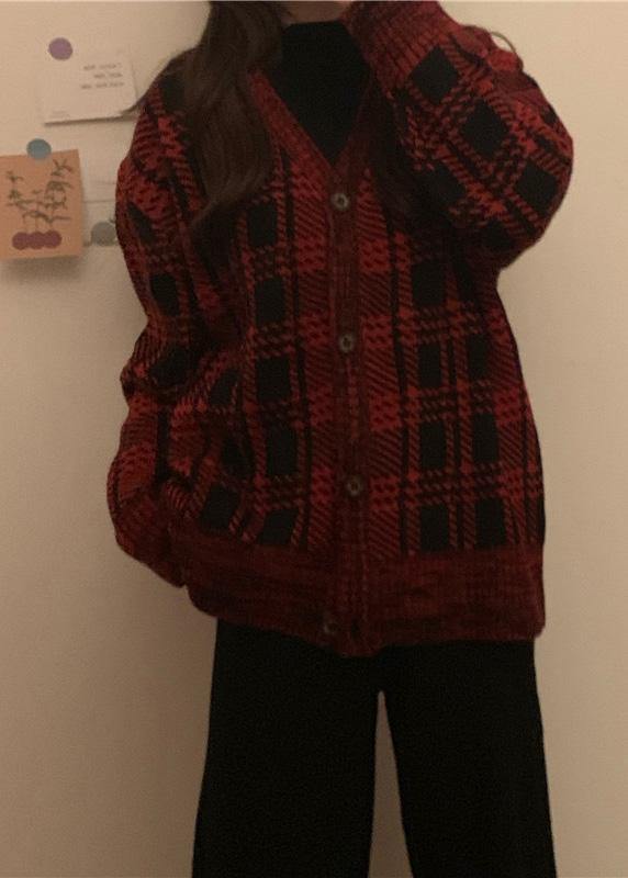 Chunky Red Plaid Knit Coats Loose Fitting Winter Knit Sweat Tops V Neck