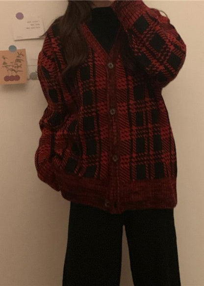 Chunky Red Plaid Knit Coats Loose Fitting Winter Knit Sweat Tops V Neck