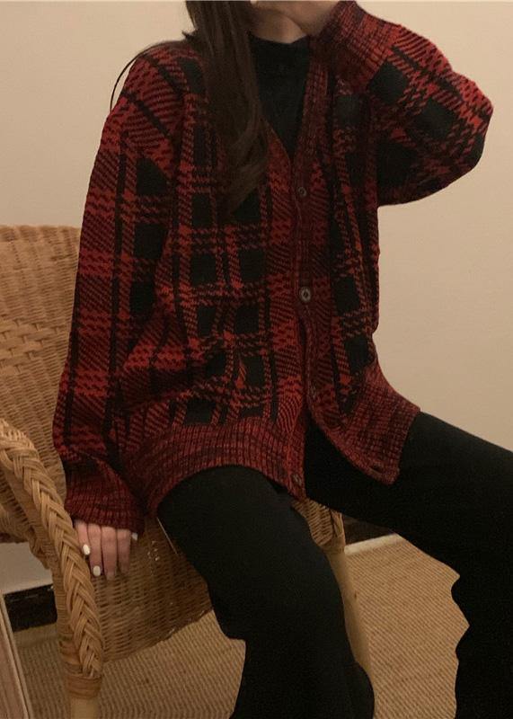 Chunky Red Plaid Knit Coats Loose Fitting Winter Knit Sweat Tops V Neck