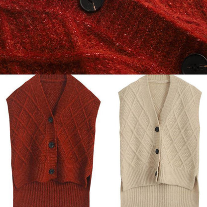 Chunky Sleeveless Beige Knitwear V Neck Knit Blouse