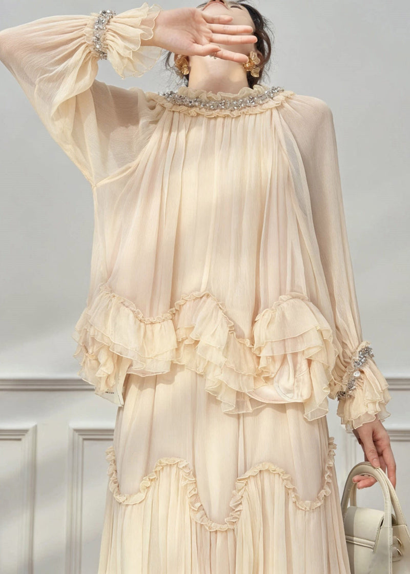 Classy Apricot Turtleneck Wrinkled Silk Shirt and Maxi Skirts Spring