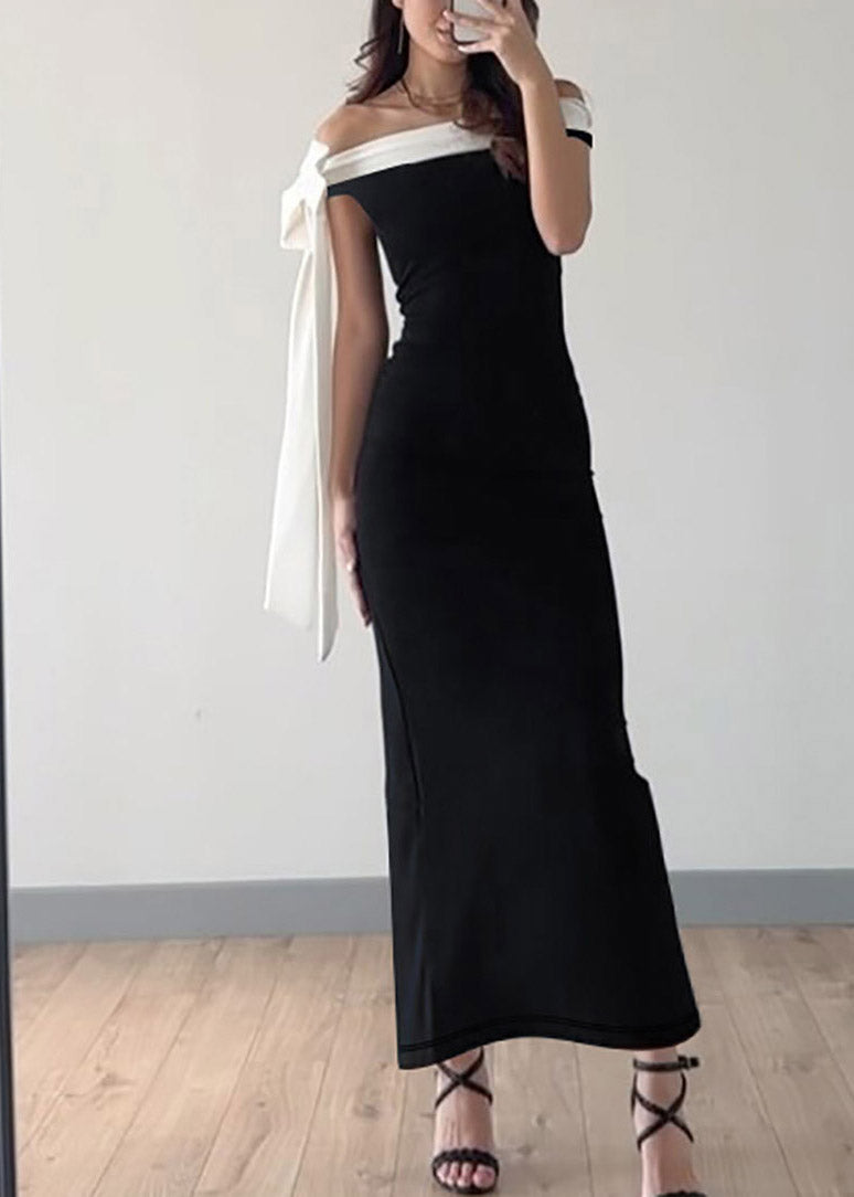 Classy Black Cold Shoulder Bow Patchwork Long Dresses Summer