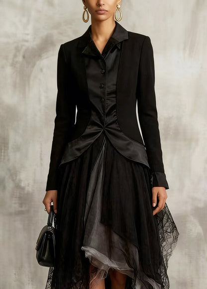 Classy Black Colorblock Tulle Asymmetrical Sesign Skirt Summer