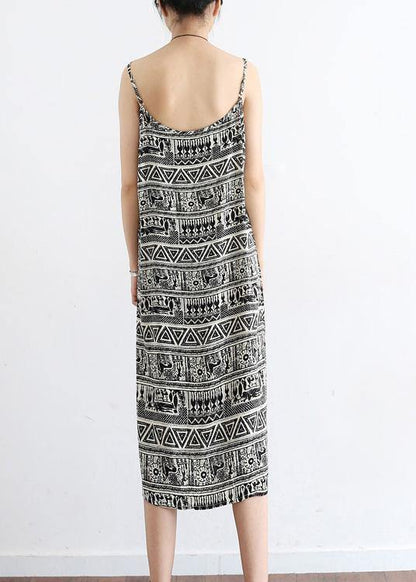 Classy Black Geometric a Line Camisole Cotton Spaghetti Strap Dress