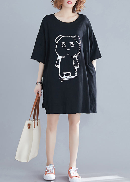 Classy Black O-neck Bear Print Cotton Mid Dresses Summer