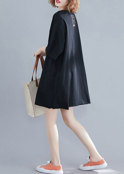 Classy Black O-neck Bear Print Cotton Mid Dresses Summer