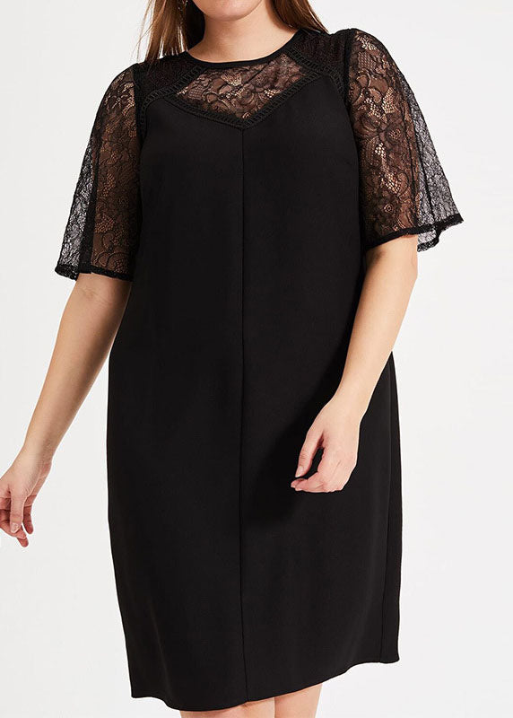 Classy Black O-neck Hollow Out Lace Patchwork Knit Mid Dress Short Sleeve