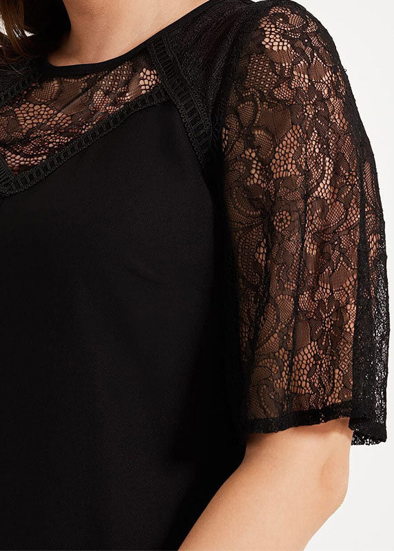 Classy Black O-neck Hollow Out Lace Patchwork Knit Mid Dress Short Sleeve