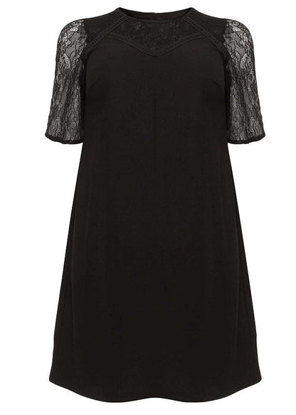 Classy Black O-neck Hollow Out Lace Patchwork Knit Mid Dress Short Sleeve