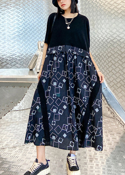 Classy Black O-neck Oversized Patchwork Print Dress Short Sleeve