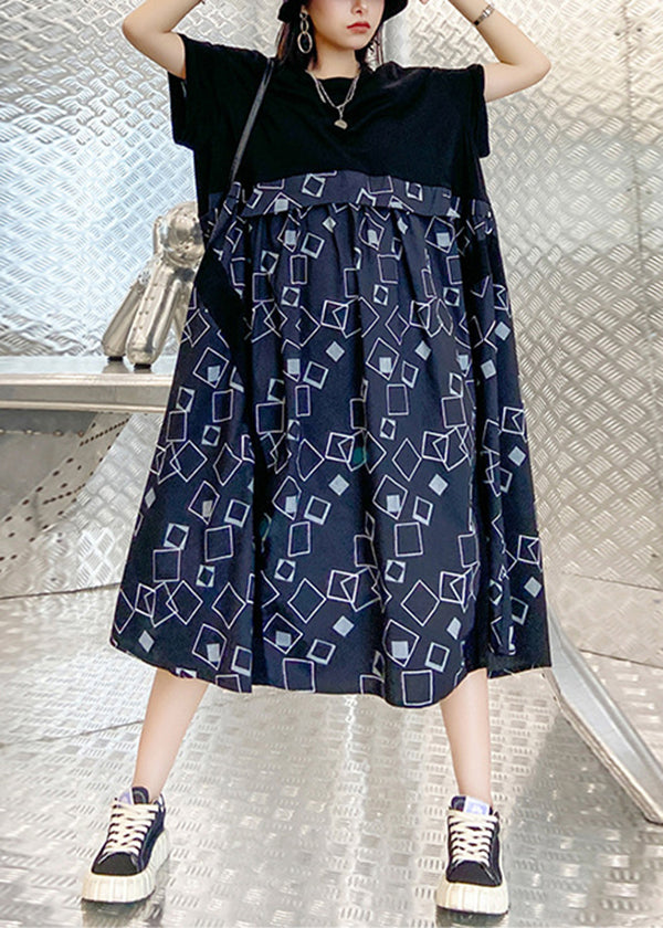 Classy Black O-neck Oversized Patchwork Print Dress Short Sleeve