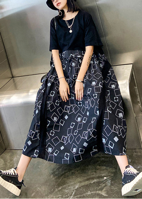 Classy Black O-neck Oversized Patchwork Print Dress Short Sleeve