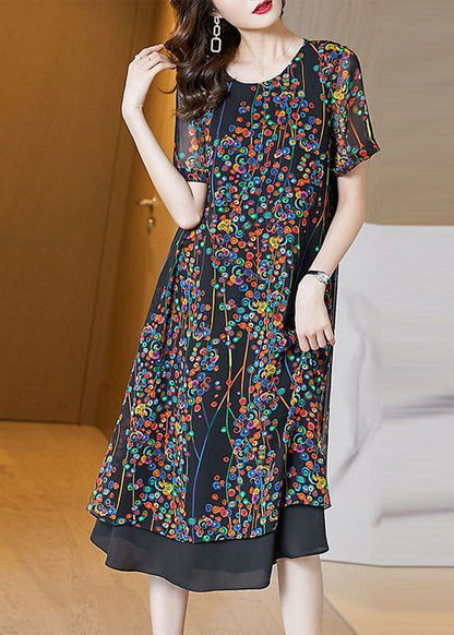 Classy Black O-neck Patchwork Print Chiffon Long Dress Summer