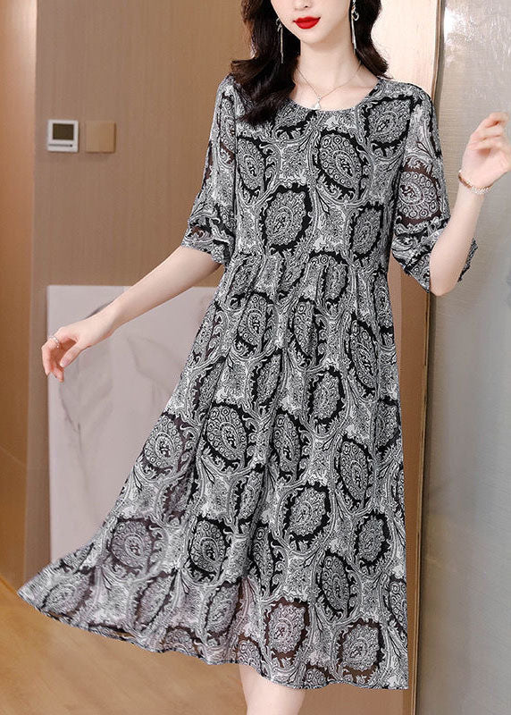 Classy Black O-neck Print Chiffon a Line Dress Half Sleeve