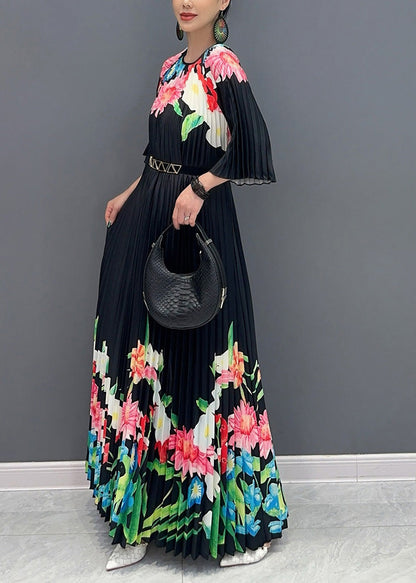 Classy Black O-neck Print Flattering Maxi Dresses Half Sleeve