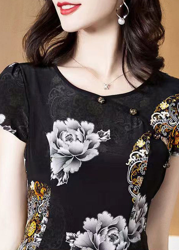 Classy Black O-neck Print Layered Design Silk Holiday Dress Short Sleeve