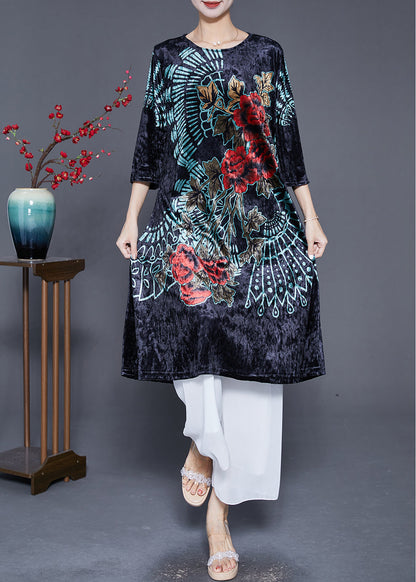 Classy Black O-neck Print Silk Velour Mid Dress Bracelet Sleeve
