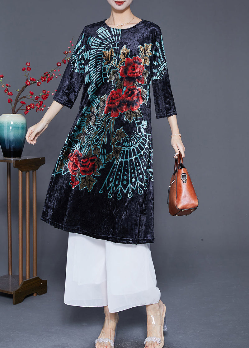 Classy Black O-neck Print Silk Velour Mid Dress Bracelet Sleeve