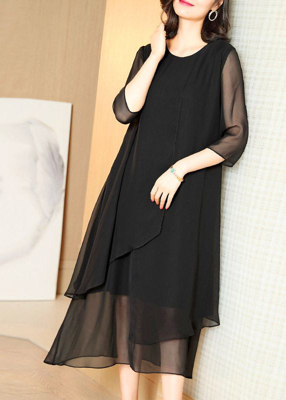 Classy Black O-neck Tulle Patchwork Chiffon Maxi Dress Summer
