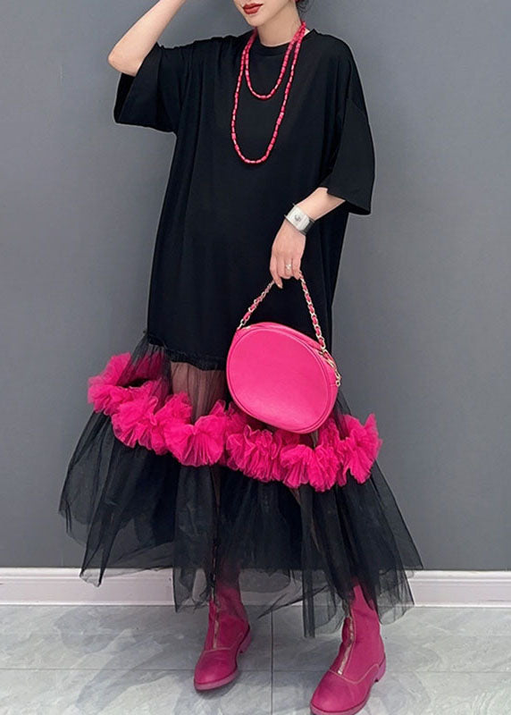 Classy Black O-neck Tulle Patchwork Long T Shirts Dress Half Sleeve