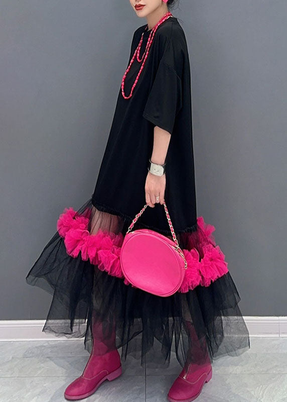 Classy Black O-neck Tulle Patchwork Long T Shirts Dress Half Sleeve