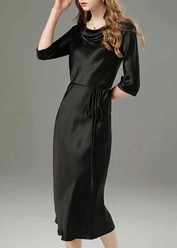 Classy Black Tie Waist Silk Long Dress Half Sleeve