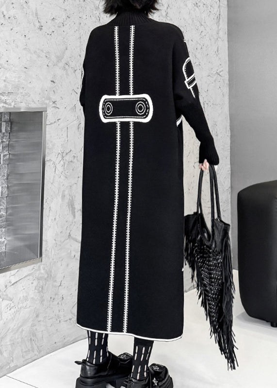 Classy Black Turtleneck Print Wear on Both Sides Cotton Knit Long Sweater Dress Fall