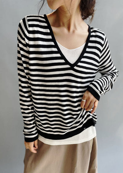Classy Black White Striped V Neck Knit Tops Fall