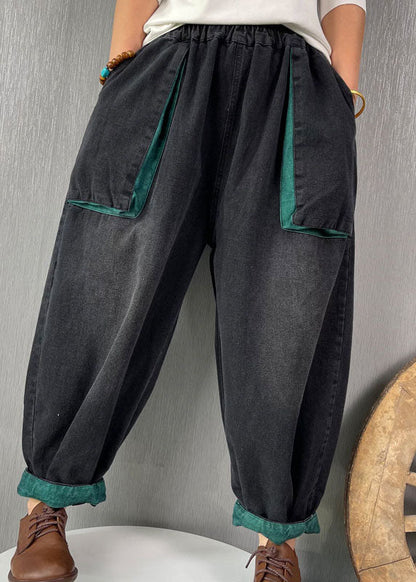 Classy Black Elastic Waist Pockets Denim Pants Spring