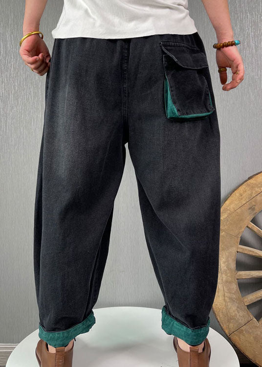 Classy Black Elastic Waist Pockets Denim Pants Spring