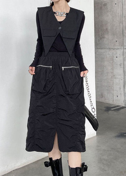 Classy Black Wrinkled Zippered Pockets Fall Skirts