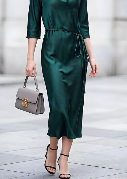 Classy Blackish Green Turtle Neck Lace Up Silk Dress Bracelet Sleeve