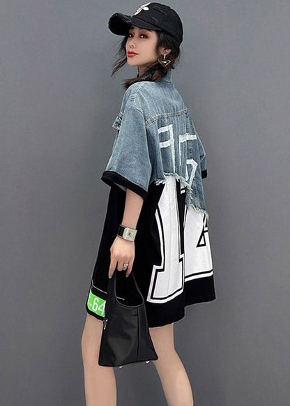 Classy Blue Asymmetrical Denim Patchwork Tulle Button Pockets Mid Dresses Short Sleeve
