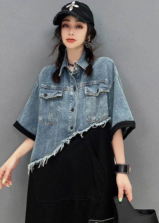 Classy Blue Asymmetrical Denim Patchwork Tulle Button Pockets Mid Dresses Short Sleeve