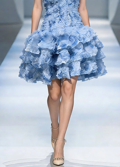 Classy Blue Cold Shoulder Tulle Mid Dress Summer