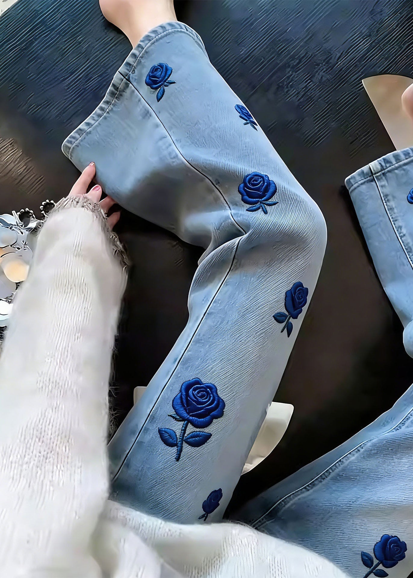 Classy Blue Embroidered Denim Straight Pants Spring