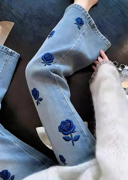 Classy Blue Embroidered Denim Straight Pants Spring
