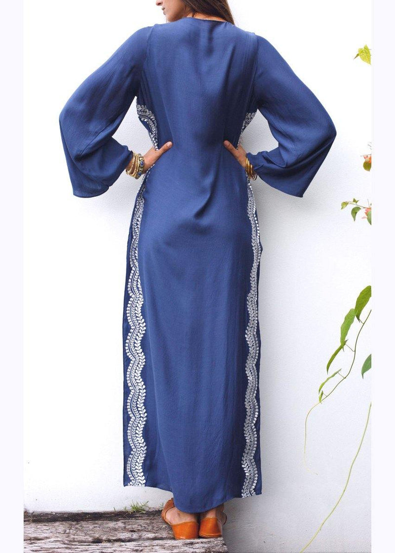 Classy Blue Embroideried Oriental Beach Gown Mid Summer Cotton Dress